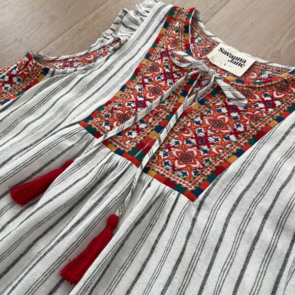 Savanna Jane Blouse Shirt Women Large Embroidered Linen Blend Tassel 16631 - Picture 3 of 13